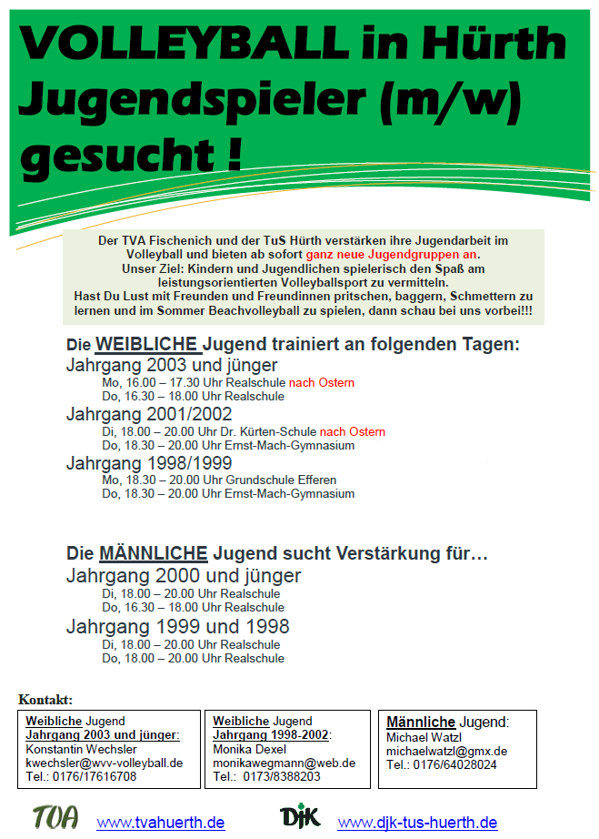TVA Fischenich + TuS Hürth – Jugendarbeit im Volleyball – neue Trainingszeiten
